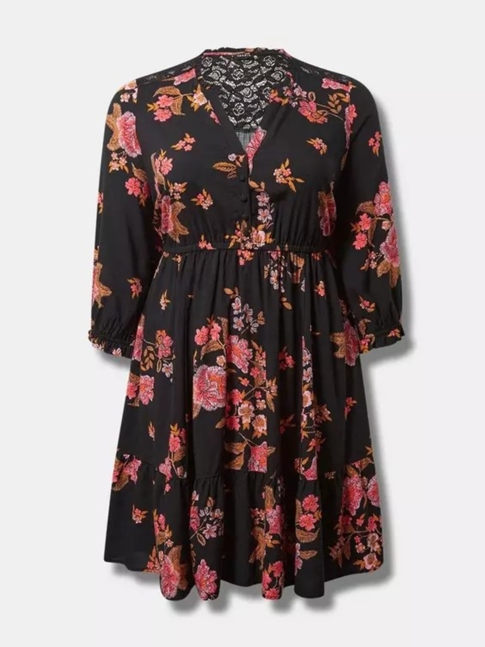 Torrid Challis Ruffle Mini Dress Black & Pink Rose Lace Back